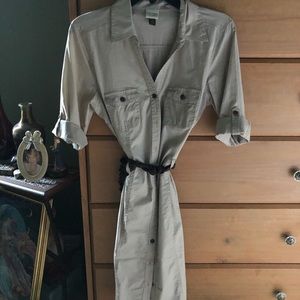 Khaki belted roll sleeve button down shirt dress